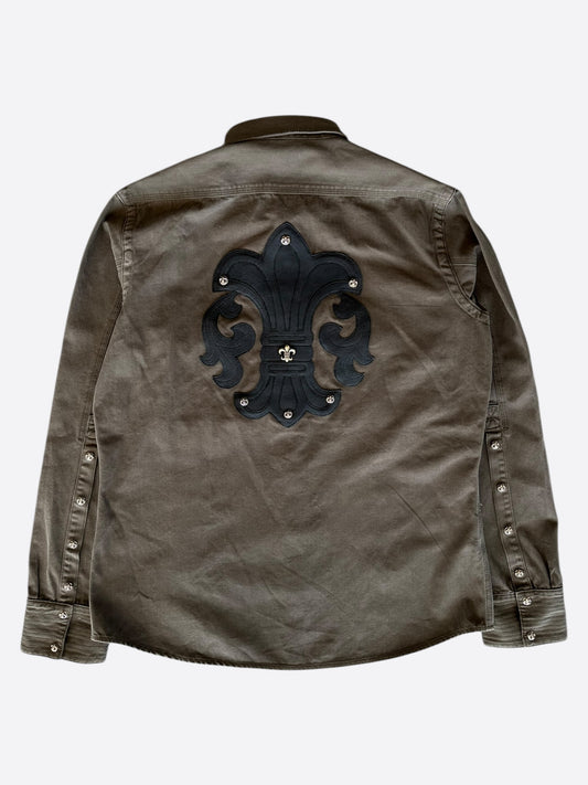 Chrome Hearts Olive & Black Leather Fleur Patch Button Up Shirt