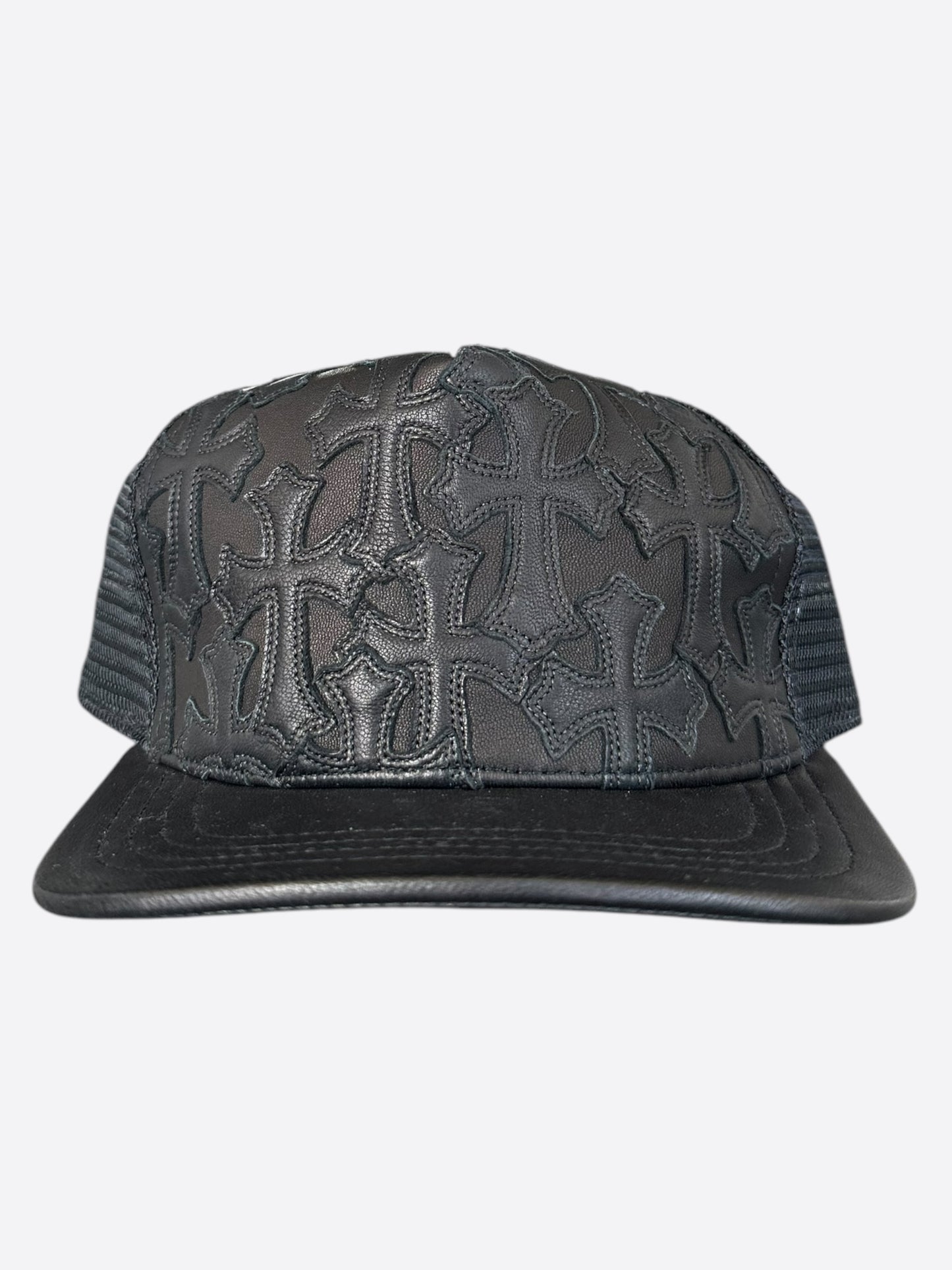 Chrome Hearts Black Leather Cemetery Cross Patch Trucker Hat