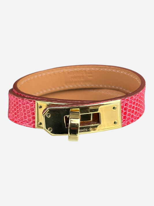 Hermes Pink Lizard & Gold Hardware Kelly Double Tour Bracelet