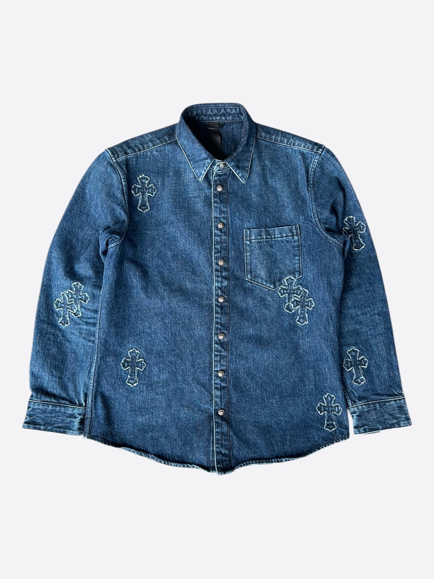 Chrome Hearts Blue Embroidered Cross Patch Denim Shirt