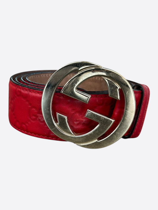 Gucci Red & Silver GG Buckle Monogram Leather Belt