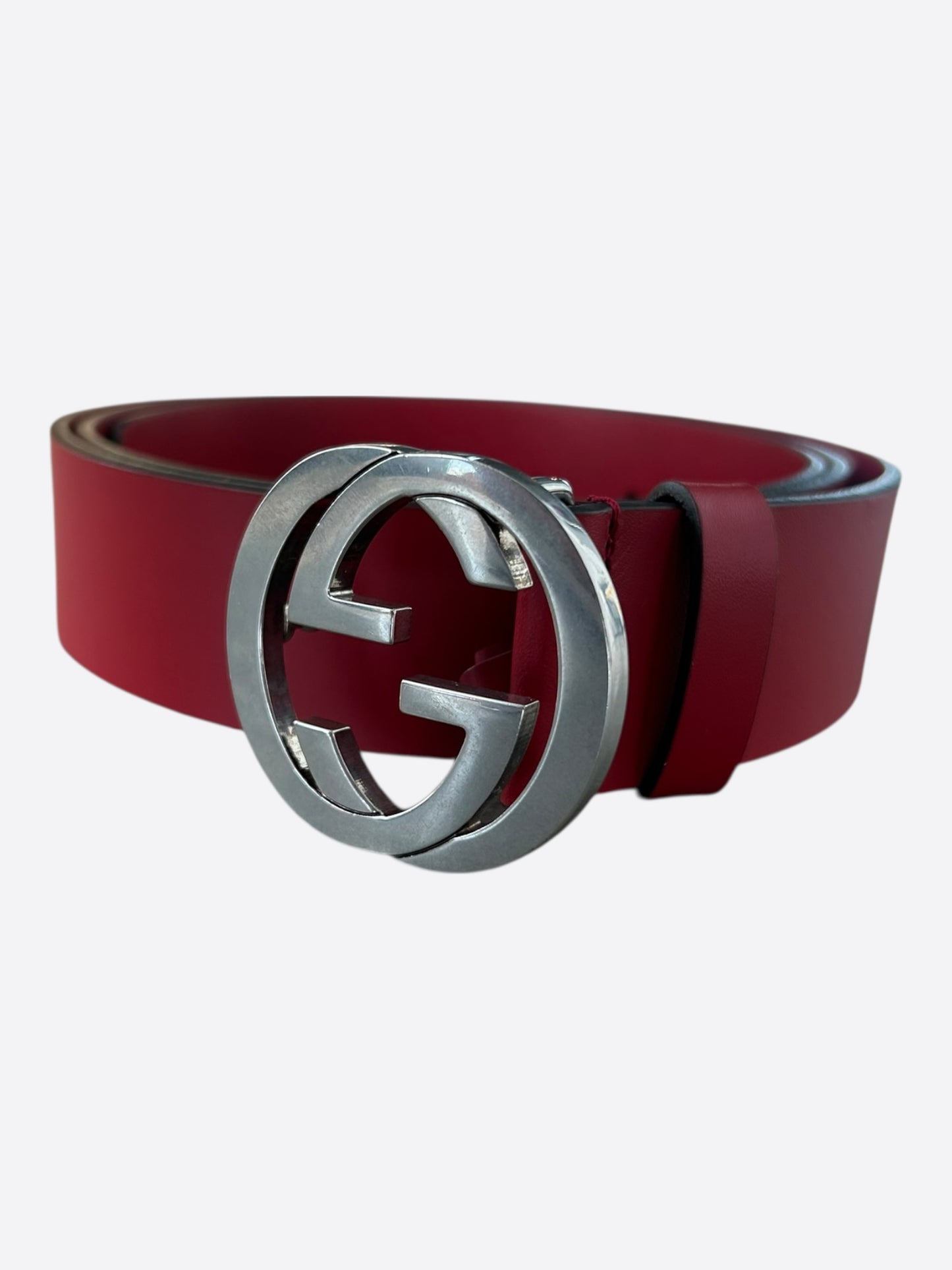 Gucci Red & Silver GG Buckle Leather Belt
