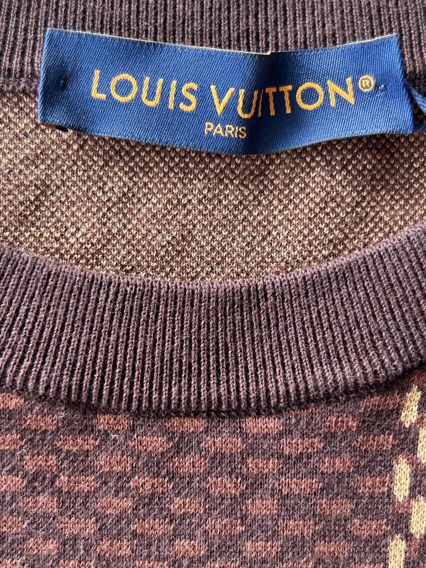 Louis Vuitton Brown Damier Crystal Logo Intarsia T-Shirt
