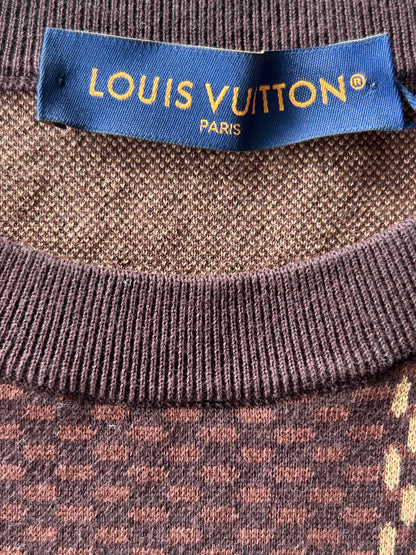 Louis Vuitton Brown Damier Crystal Logo Intarsia T-Shirt