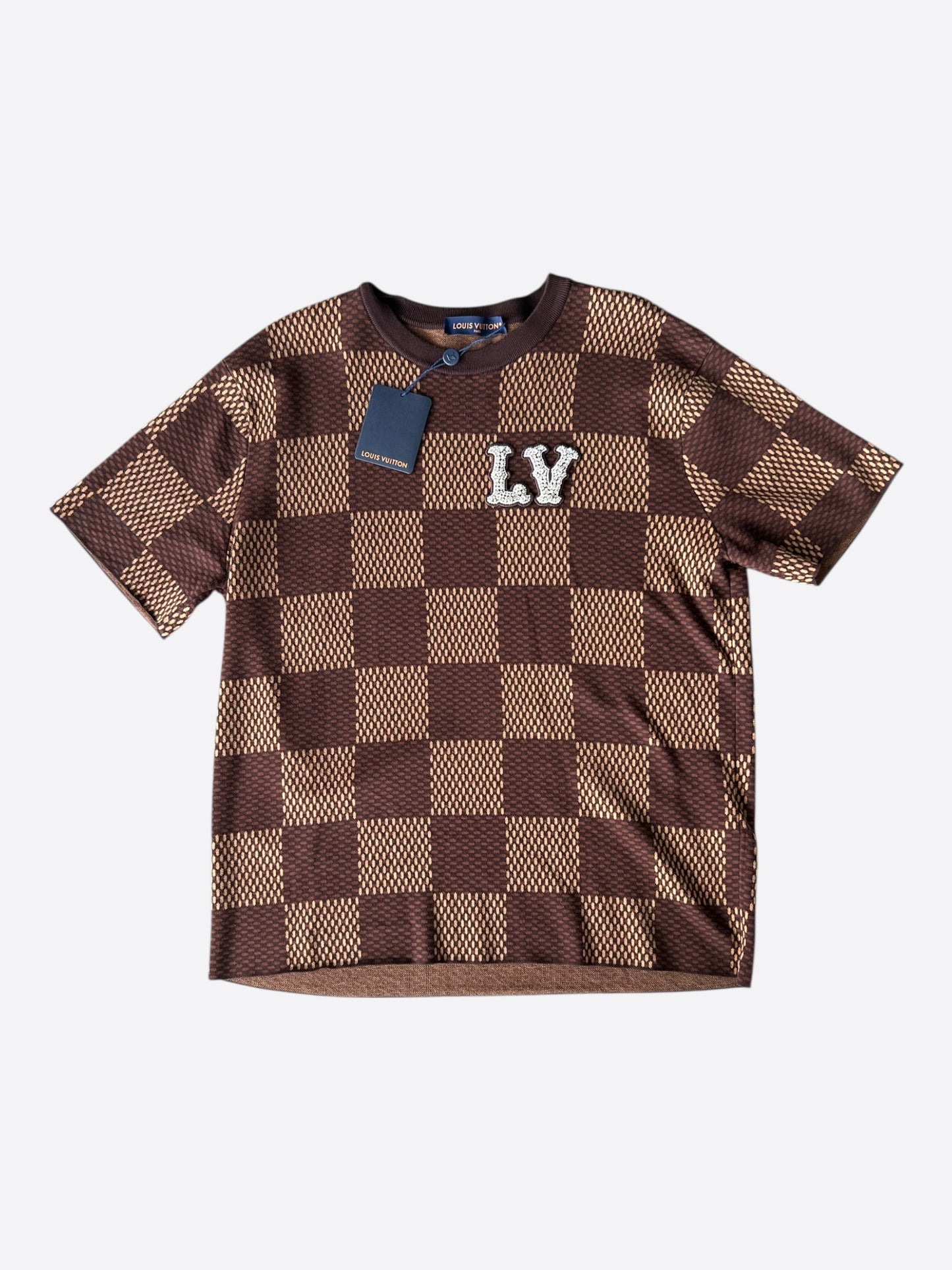 Louis Vuitton Brown Damier Crystal Logo Intarsia T-Shirt