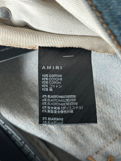 Amiri Clay Indigo Distressed Repair Logo Thrasher Jeans