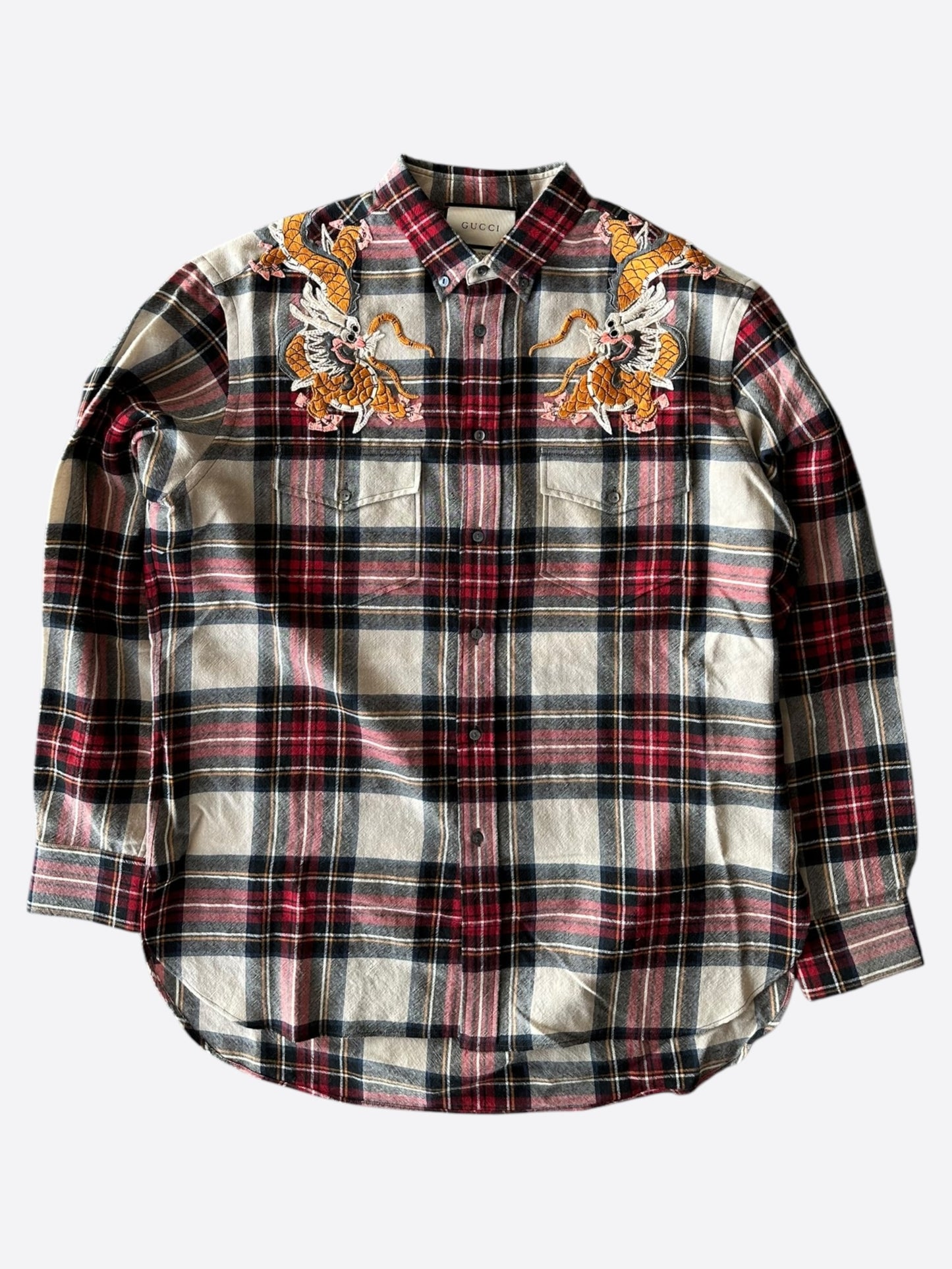 Gucci Beige & Red Plaid Dragon Embroidered Flannel Shirt