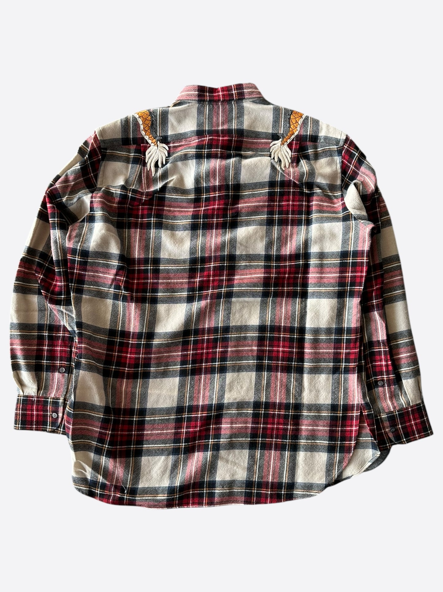 Gucci Beige & Red Plaid Dragon Embroidered Flannel Shirt