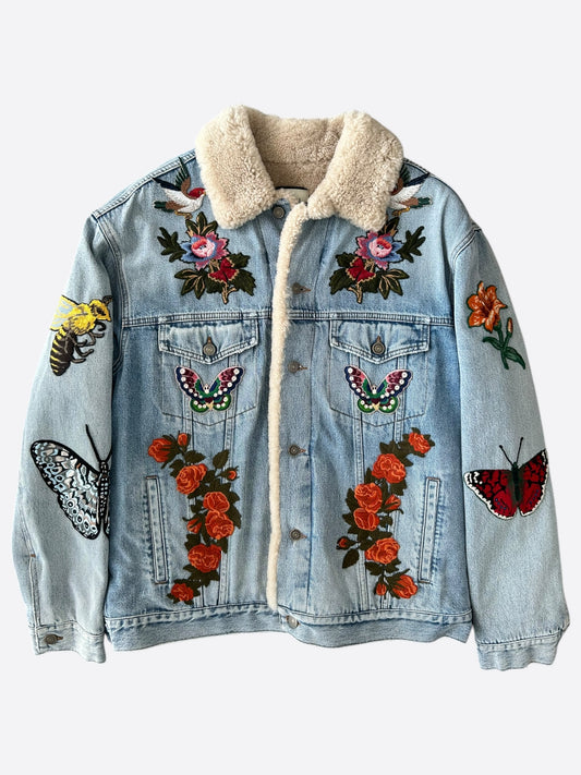 Gucci Blue Patches Embroidered Sherpa Denim Jacket