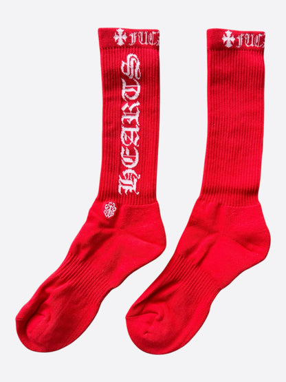 Chrome Hearts Red & White Script Logo Socks