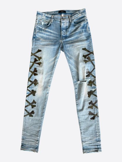 Amiri Blue & Camouflage Bones Applique Distressed Jeans