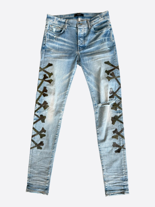 Amiri Blue & Camouflage Bones Applique Distressed Jeans