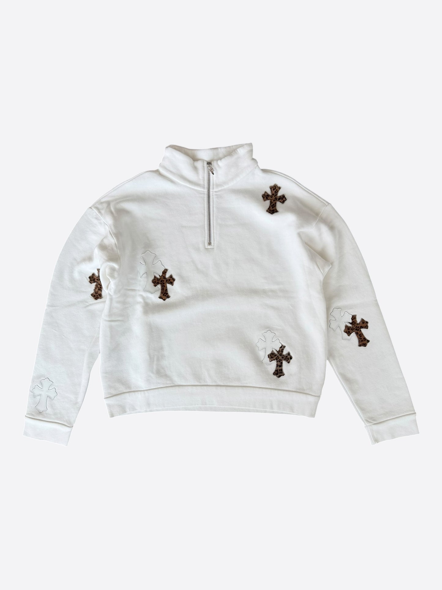 Chrome Hearts White & Leopard Cross Patch Quarter Zip Sweater