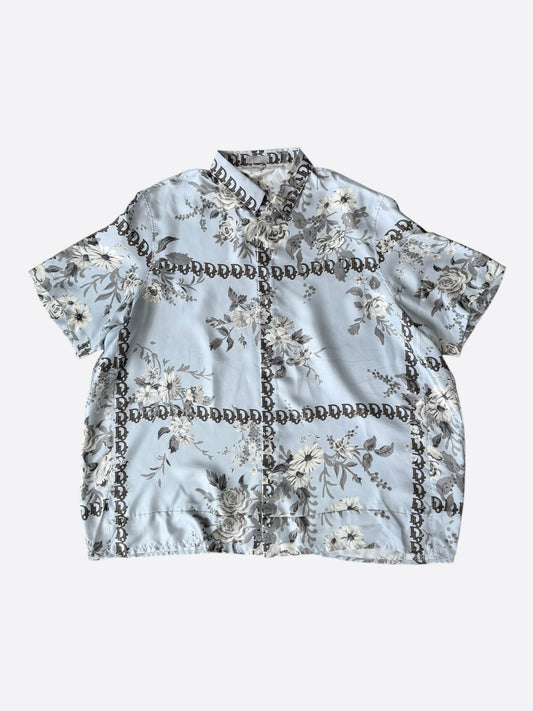Dior Blue Floral Oblique Silk Button Up Shirt
