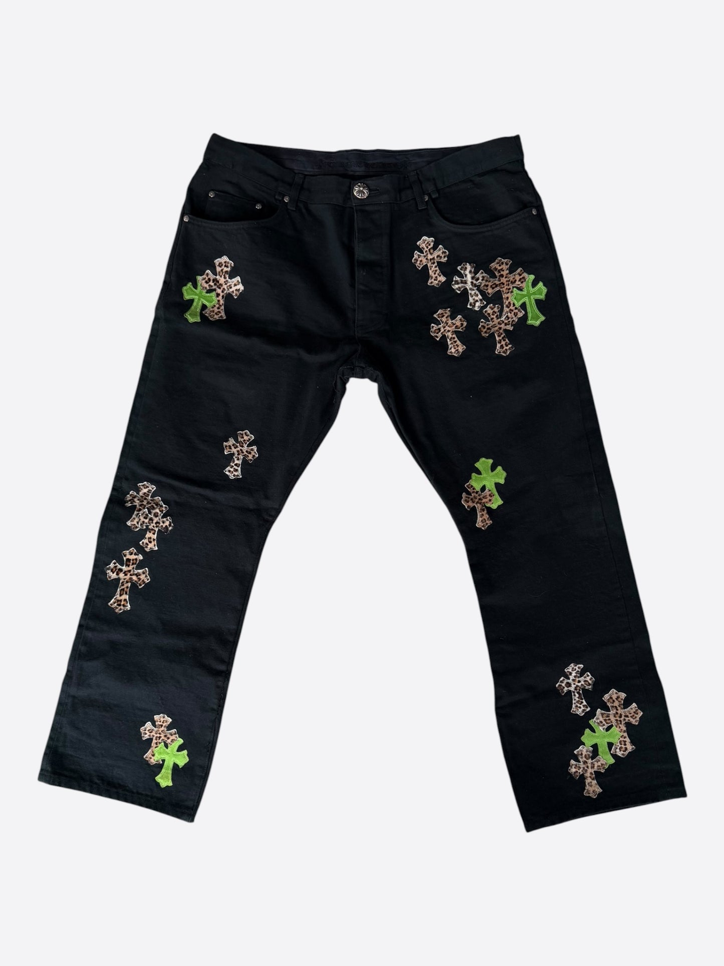 Chrome Hearts Black Green & Cheetah Cross Patch Jeans