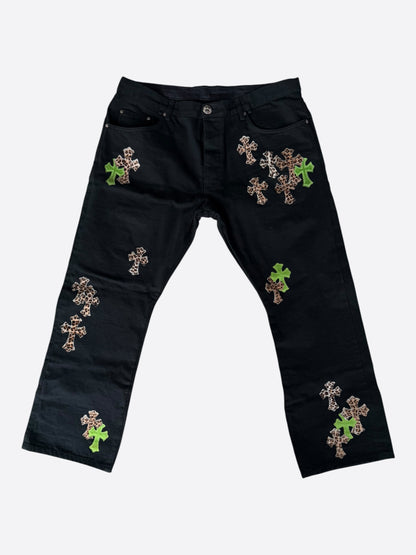 Chrome Hearts Black Green & Cheetah Cross Patch Jeans