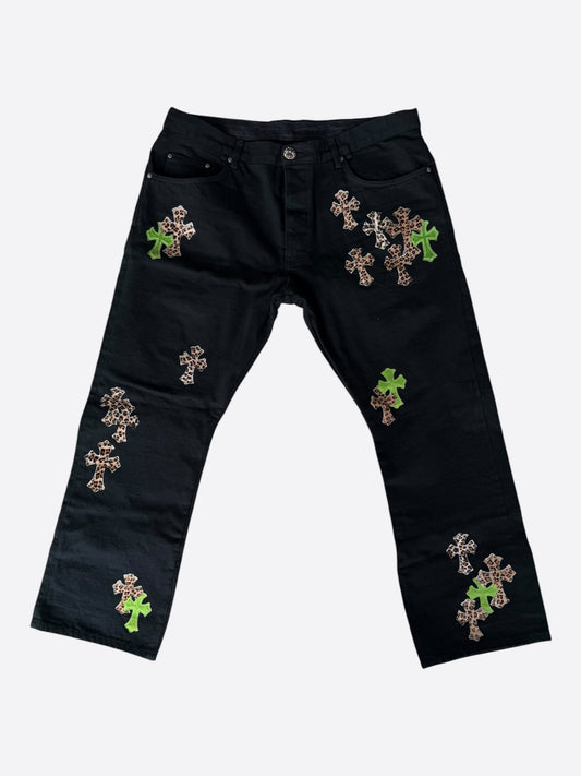 Chrome Hearts Black Green & Cheetah Cross Patch Jeans