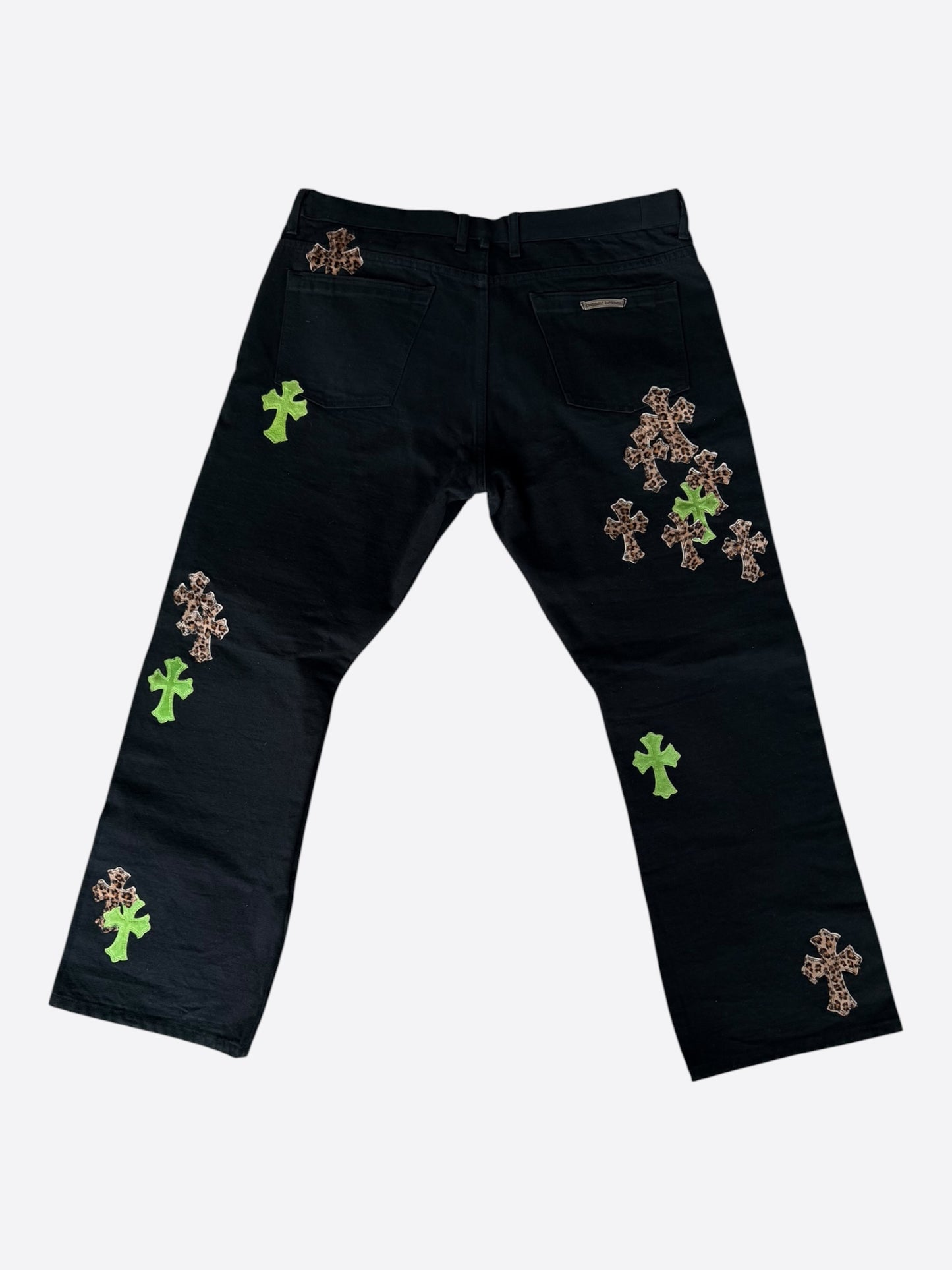 Chrome Hearts Black Green & Cheetah Cross Patch Jeans