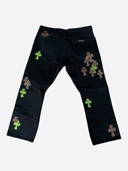 Chrome Hearts Black Green & Cheetah Cross Patch Jeans