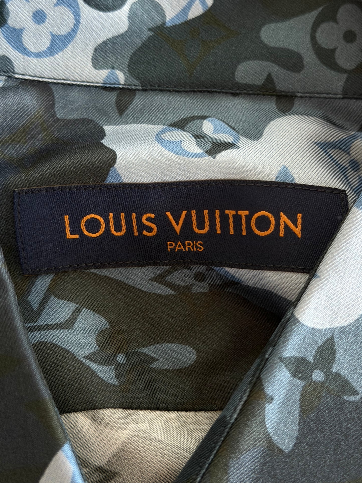 Louis Vuitton Blue Camouflage Monogram Silk Button Up Shirt