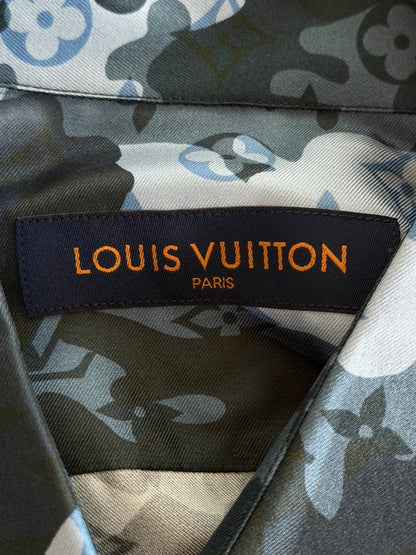 Louis Vuitton Blue Camouflage Monogram Silk Button Up Shirt