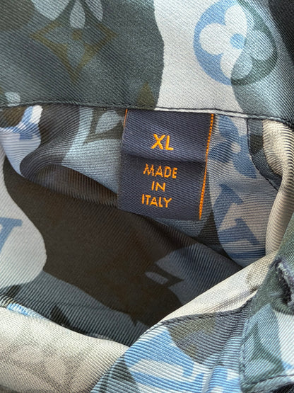 Louis Vuitton Blue Camouflage Monogram Silk Button Up Shirt