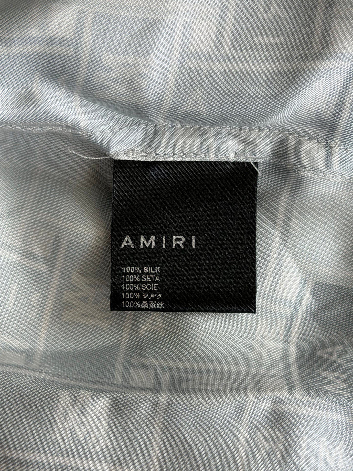 Amiri White & Blue Gradient Tape Logo Silk Button Up Shirt