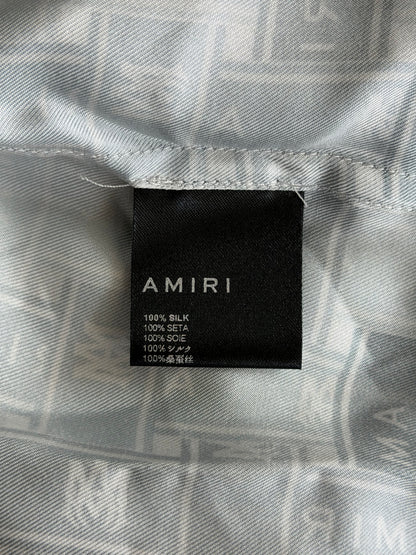 Amiri White & Blue Gradient Tape Logo Silk Button Up Shirt