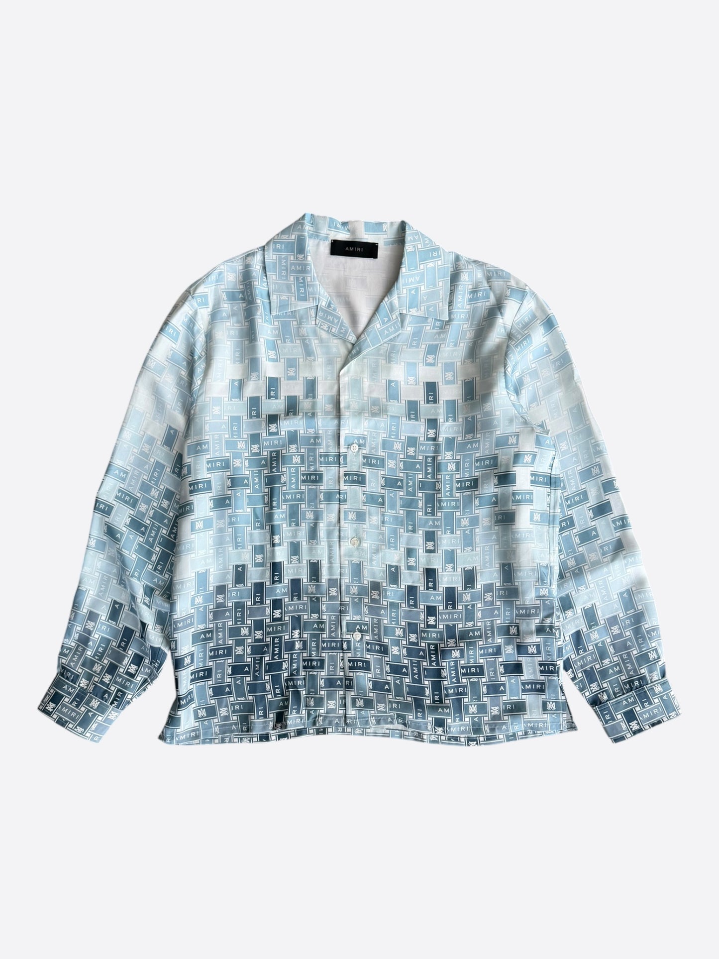 Amiri White & Blue Gradient Tape Logo Silk Button Up Shirt