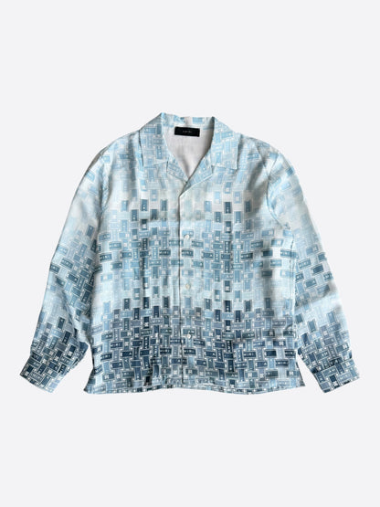 Amiri White & Blue Gradient Tape Logo Silk Button Up Shirt