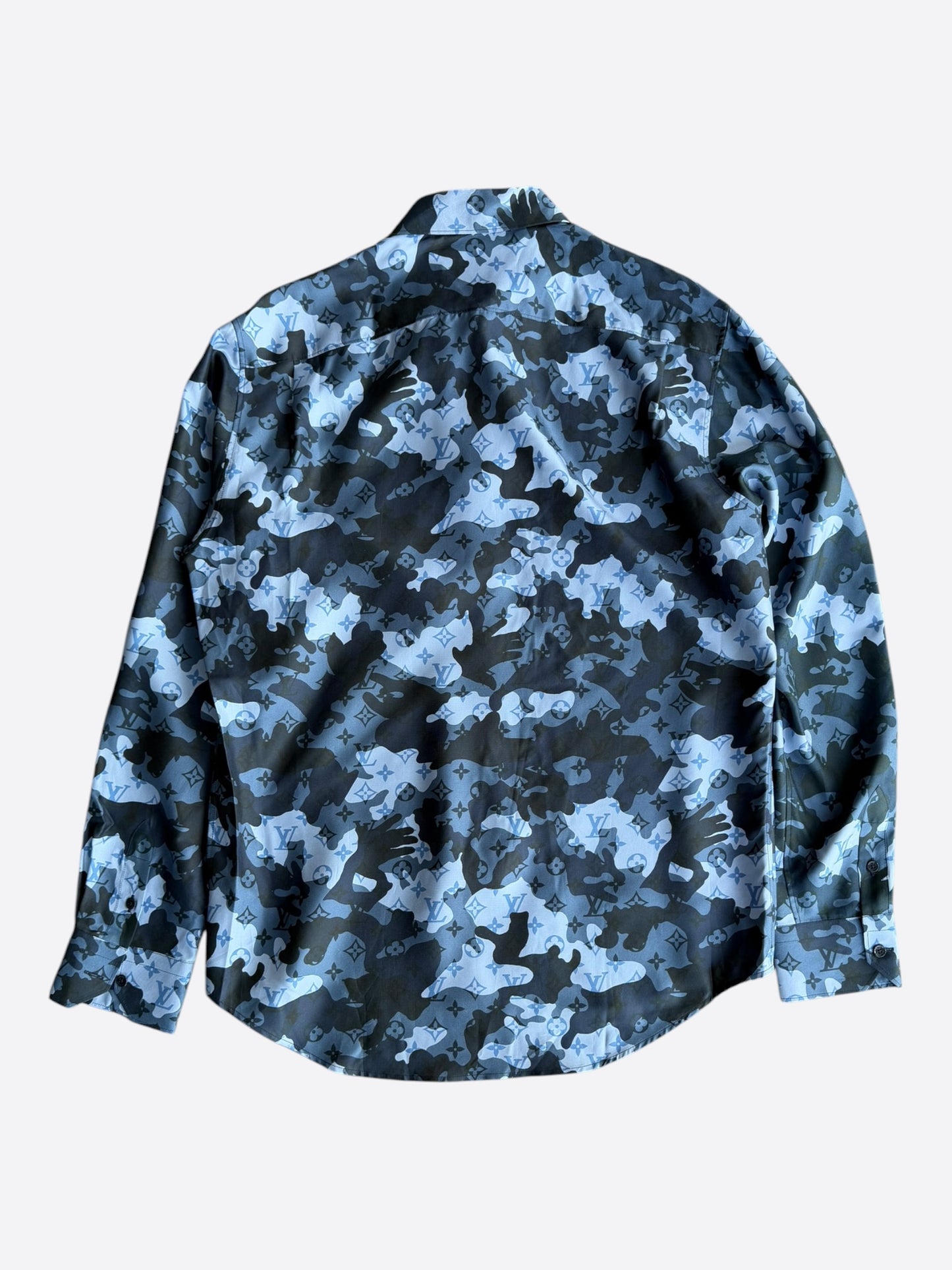 Louis Vuitton Blue Camouflage Monogram Silk Button Up Shirt