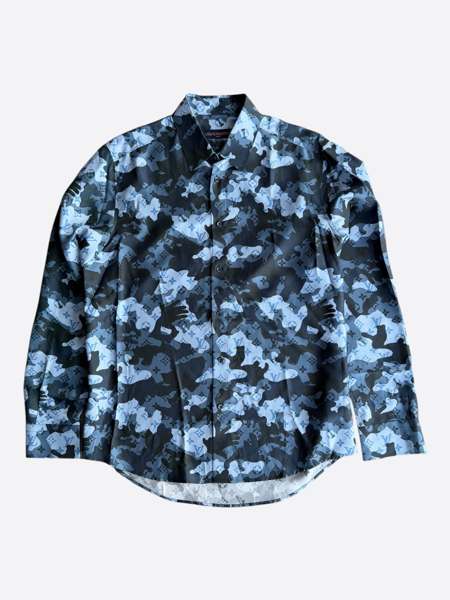 Louis Vuitton Blue Camouflage Monogram Silk Button Up Shirt