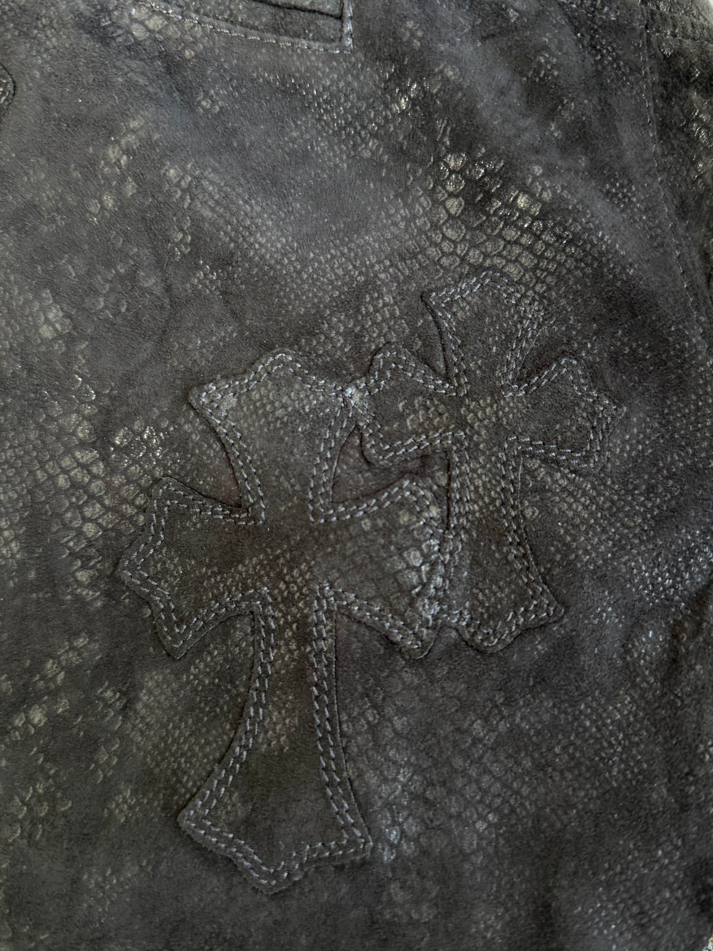 Chrome Hearts Black Suede Cross Patch Fleur Knee Women's Jeans