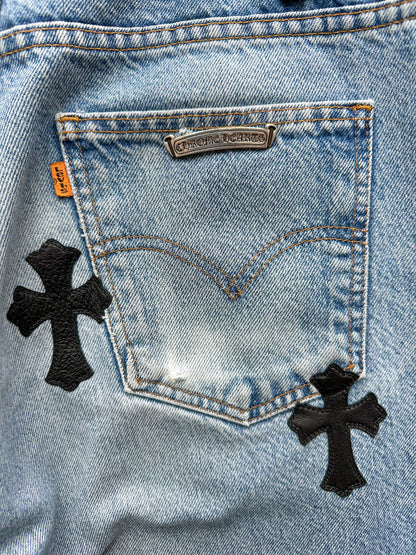 Chrome Hearts Levis Light Blue Black Leather Cross Patch Jeans