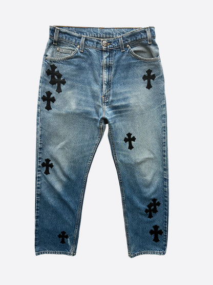 Chrome Hearts Levis Light Blue Black Leather Cross Patch Jeans