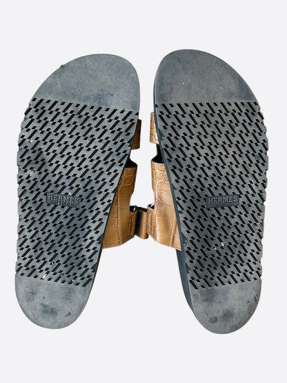 Hermes Black & Brown Crocodile Chypre Sandals