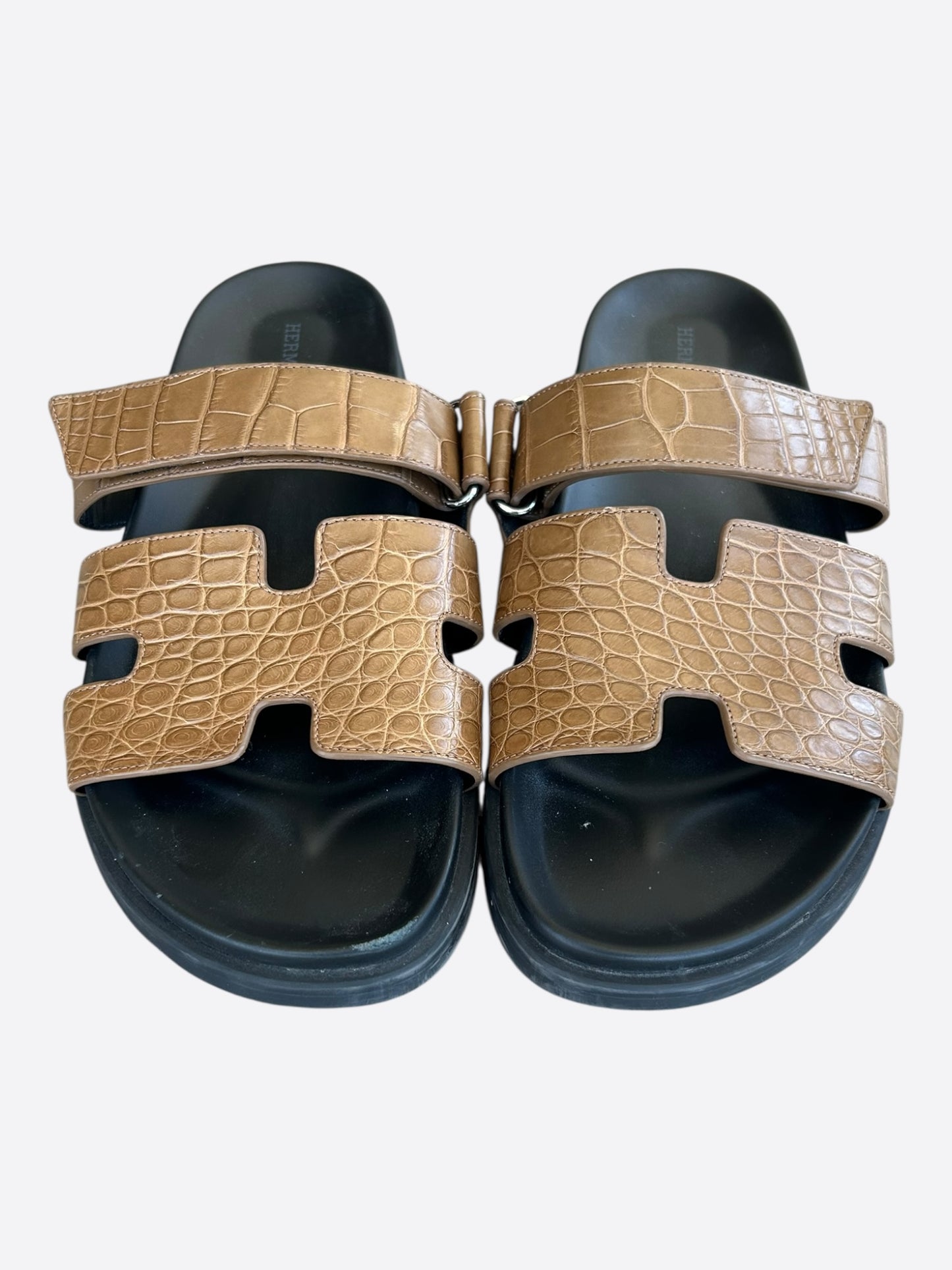 Hermes Black & Brown Crocodile Chypre Sandals