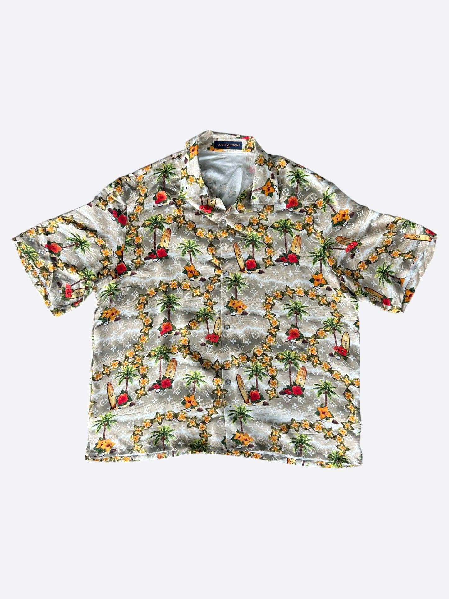 Louis Vuitton Beige Beach Monogram Silk Button Up Shirt
