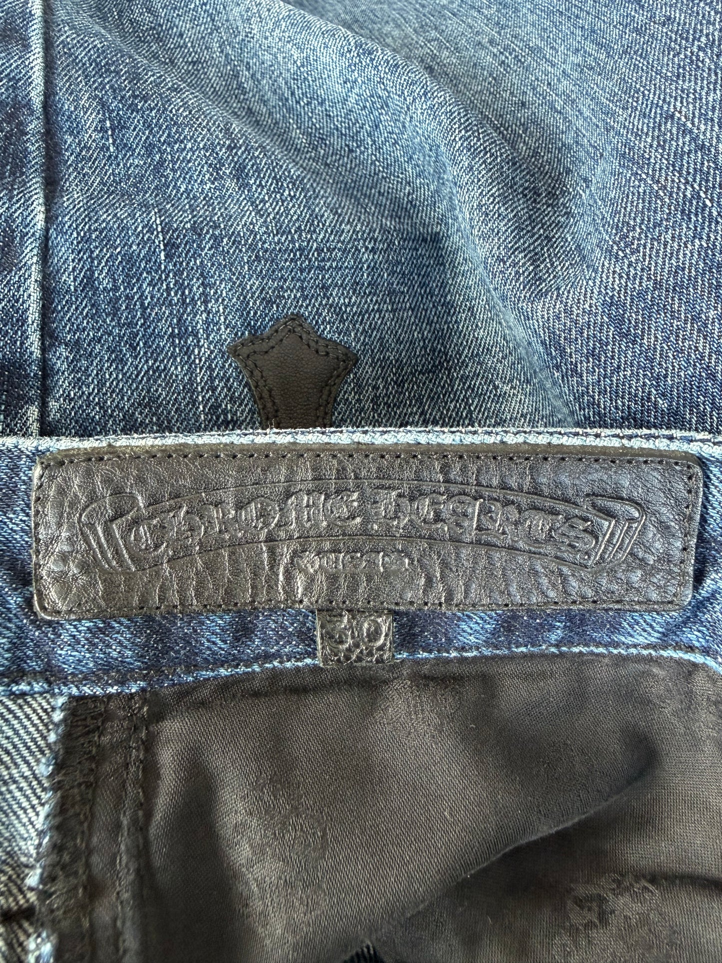 Chrome Hearts Blue & Black Cross Patch Denim Shorts