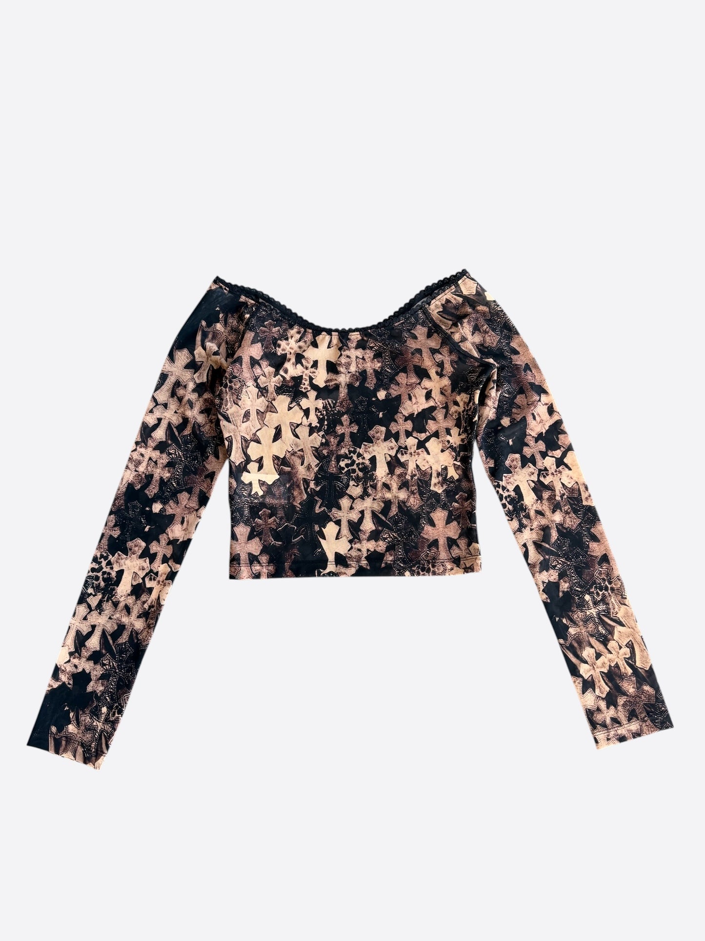 Chrome Hearts Brown All Over Cross Print Mesh Longsleeve Top