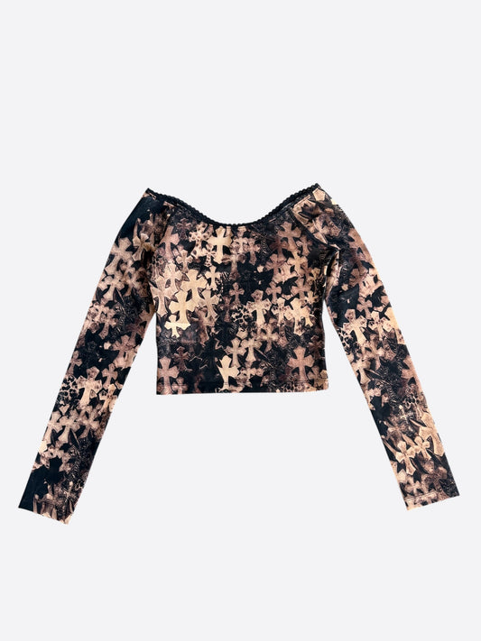 Chrome Hearts Brown All Over Cross Print Mesh Longsleeve Top