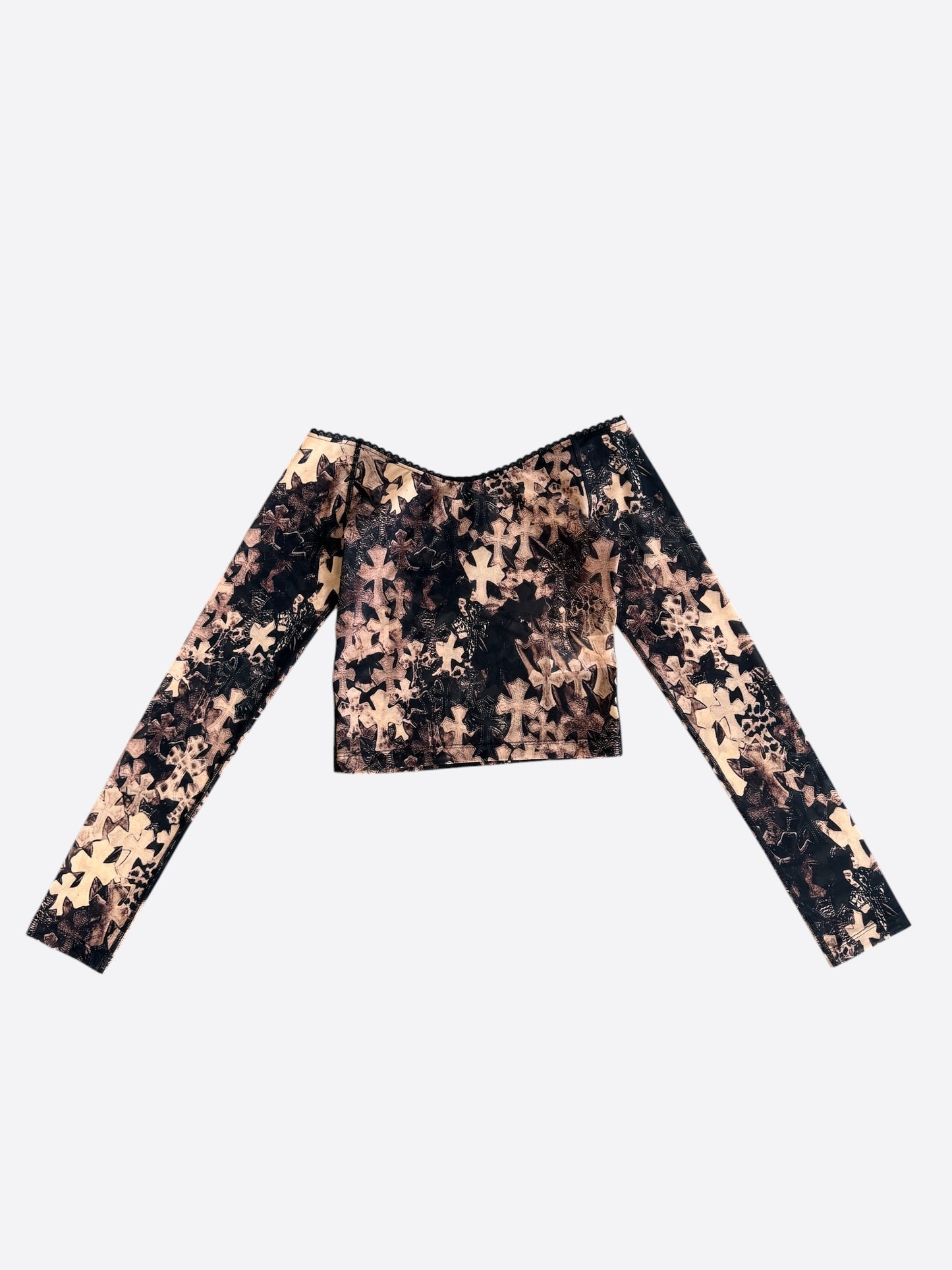Chrome Hearts Brown All Over Cross Print Mesh Longsleeve Top