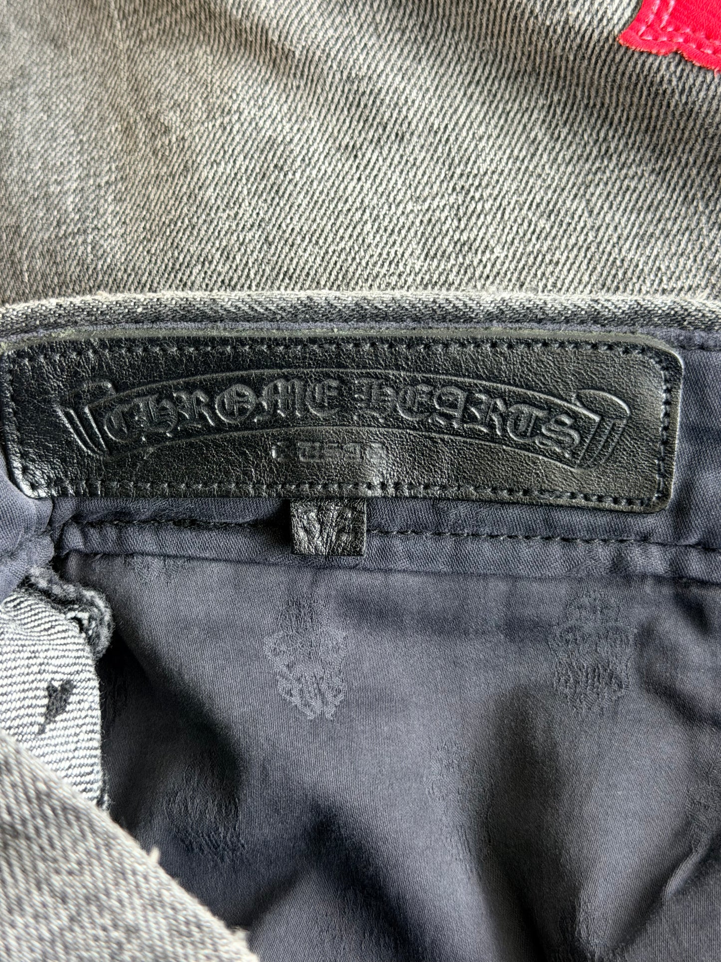 Chrome Hearts Grey, Black & Red Cross Patch Jeans