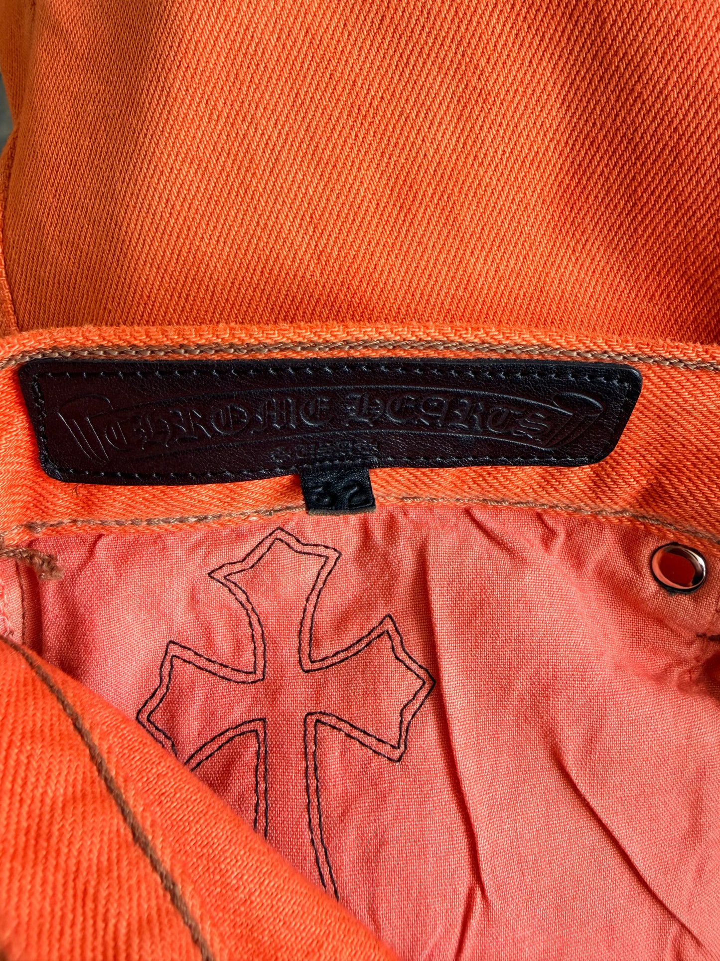 Chrome Hearts Orange & Black Cross Patch Flared Jeans
