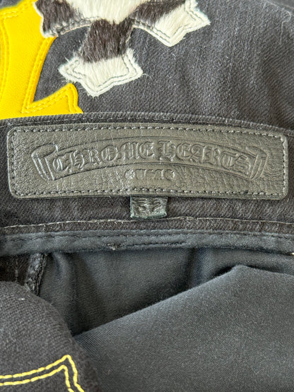 Chrome Hearts Black, Cow & Yellow Cross Patch Fleur Jeans