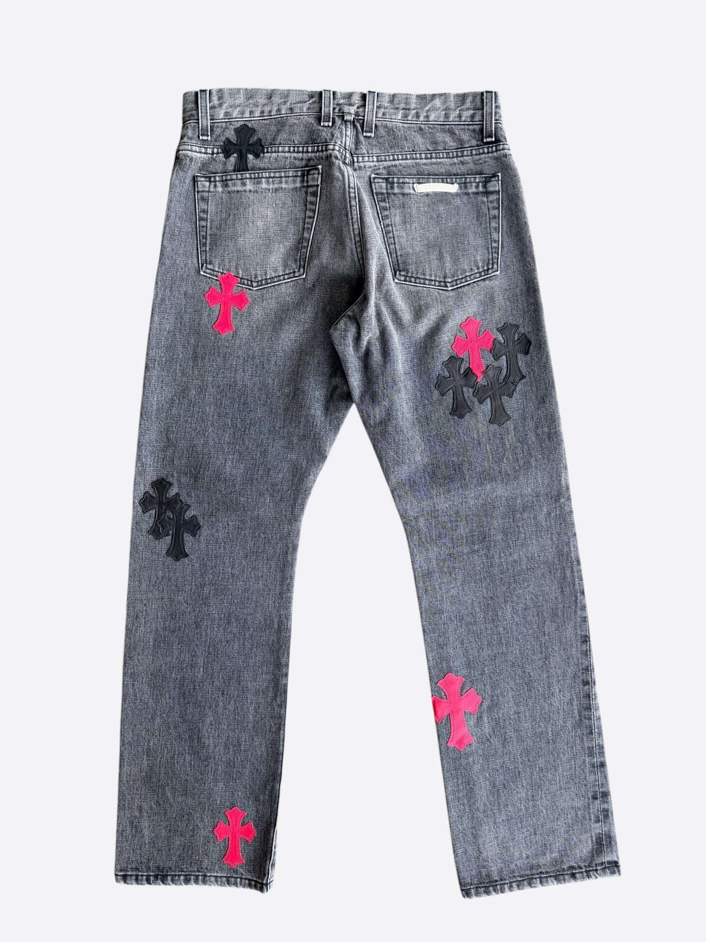Chrome Hearts Grey, Black & Red Cross Patch Jeans