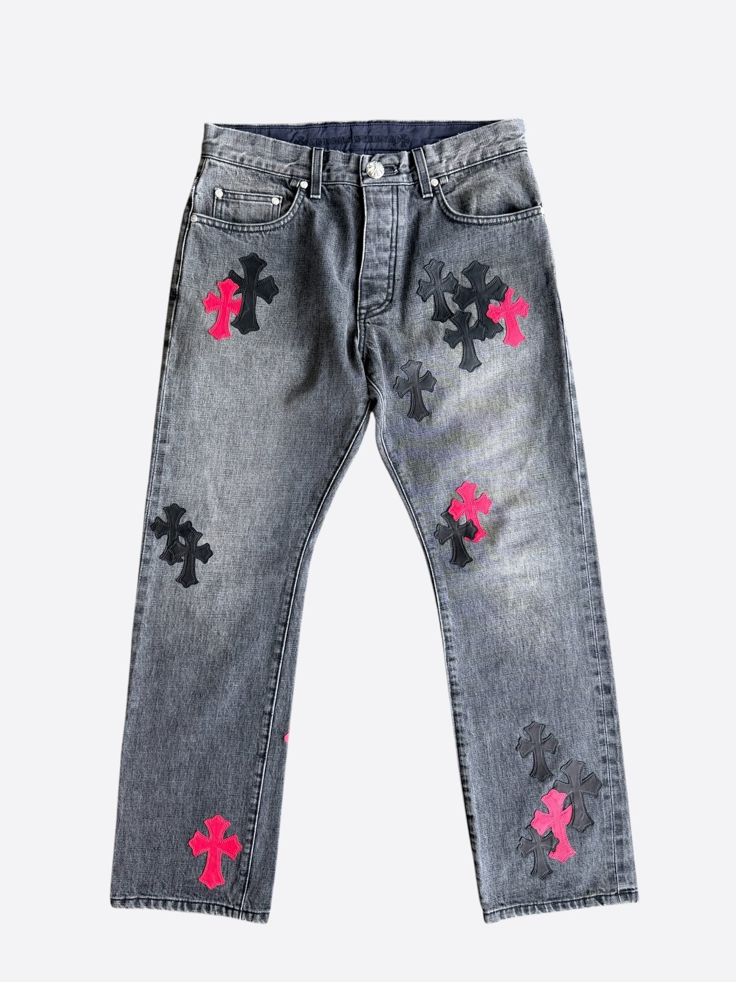 Chrome Hearts Grey, Black & Red Cross Patch Jeans