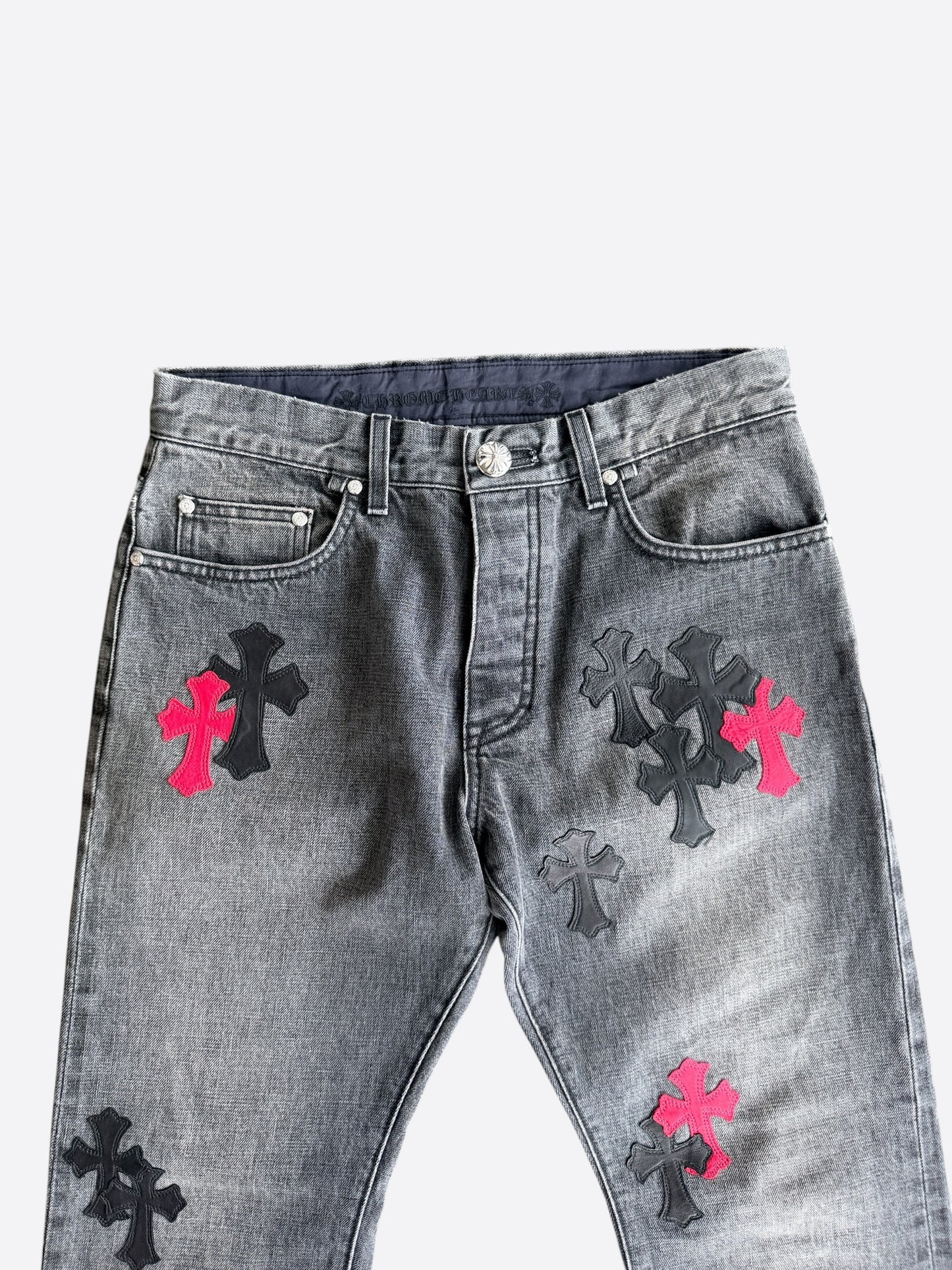 Chrome Hearts Grey, Black & Red Cross Patch Jeans