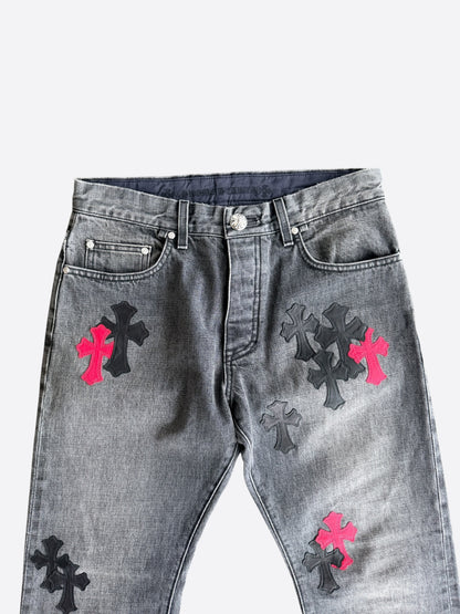 Chrome Hearts Grey, Black & Red Cross Patch Jeans