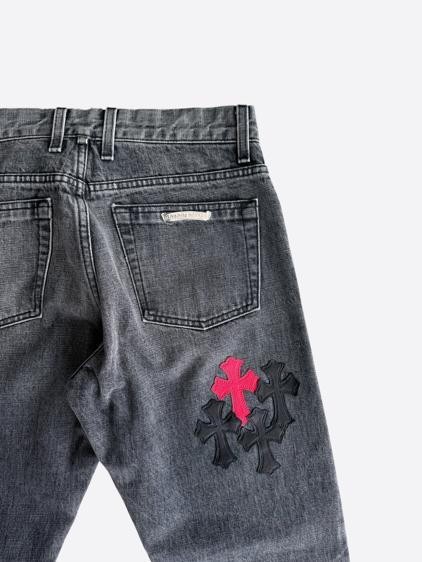 Chrome Hearts Grey, Black & Red Cross Patch Jeans